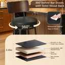 Counter Height Bar Stools Set of 2, 26" Swivel Barstools with Solid Wood Backrest & Metal Legs, Modern Faux Leather Upholstered Bar Chairs, Counter Stools for Kitchen Island, Black Black