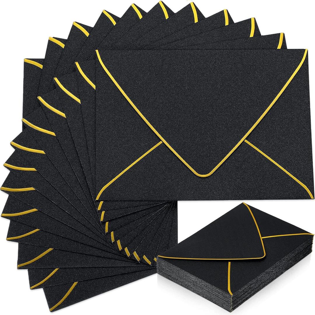 Mimorou 100 Pcs A7 Invitation Envelopes for 5" x 7" Cards V Flap Foil Border Luxury Self Adhesive Mailing Envelopes for Wedding Baby Shower Bridal Birthday One Silly Goose Party(Black, Gold)