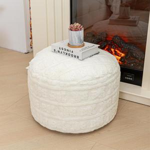 Stuffed Pouf Ottoman with High Density Foam Filler Plush Fiber Pouf Stool Round Foot Stool Cushion Storage Ottoman 20 * 12''Floor Poufs Foot Rest for Living Room (Ivory) (Cream)