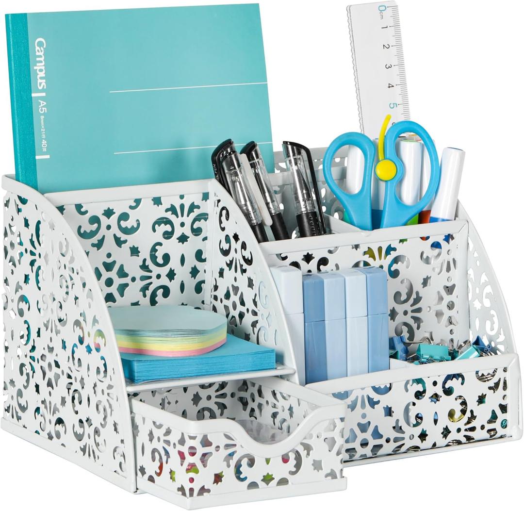 EasyPAG Pen Holder Desk Organizer with Drawer Pencil Cup for Desk 6 Compartments Metal Office Caddy Storage with Sticky Notes Holder for School Home Office, White