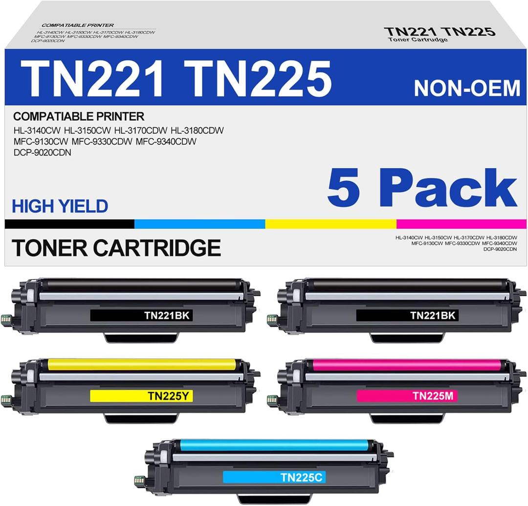 TN221 TN225 Toner Cartridge High Yield Replacement for Brother TN 221 TN 225 Compatible with MFC-9130CW HL-3170CDW HL-3140CW HL-3180CDW MFC-9330CDW (2 Black, 1 Cyan, 1 Magenta, 1 Yellow, 5 Pack)
