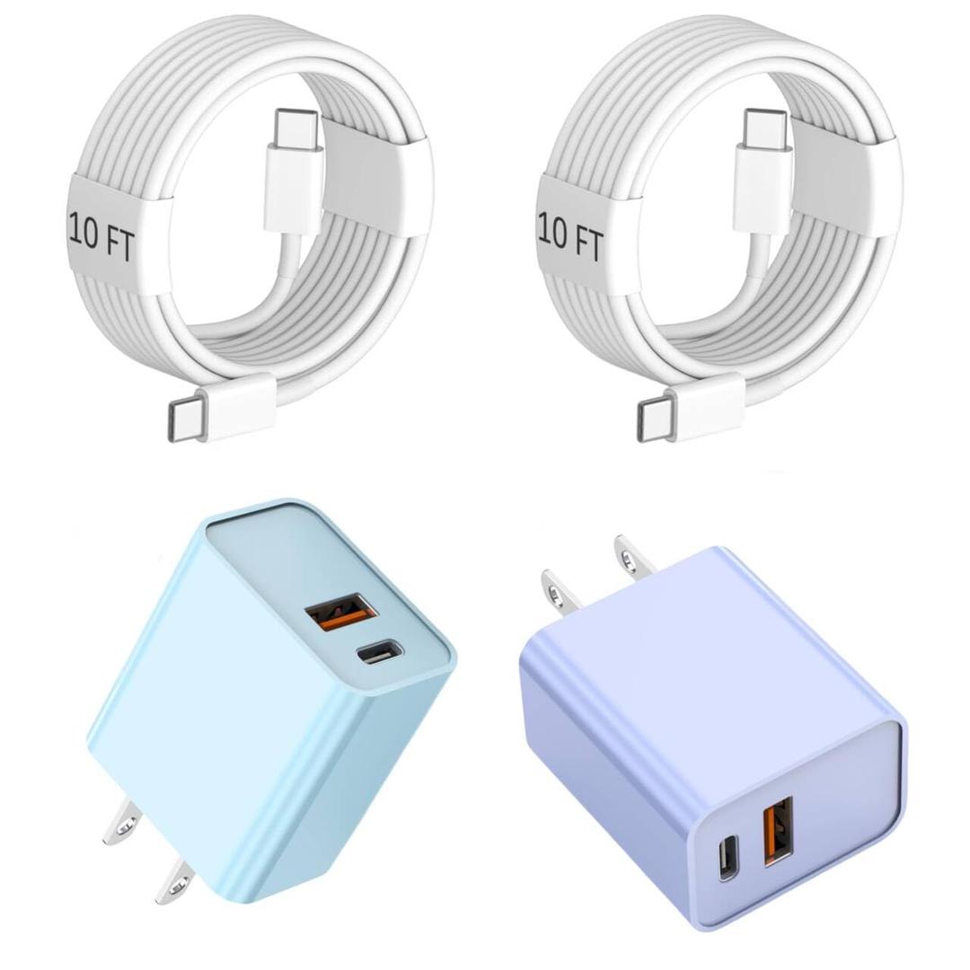 10 Foot Fast iPhone Charging Cable,2Pack 20W Dual Port USB C+A Wall Charger Block with 10FT Type C-C Charging Cable Apple Adapter for iPhone 17/17 Air/17 Pro/16/16e/16 Pro Max/15 Pro/iPad(Purple/Blue) 10 Foot Fast iPhone Charging Cable,2Pack 20W Dual Port USB C+A Wall Charger Block with 10FT Type C-C Charging Cable Apple Adapter for iPhone 17/17 Air/17 Pro/16/16e/16 Pro Max/15 Pro/iPad(Purple/Blue)