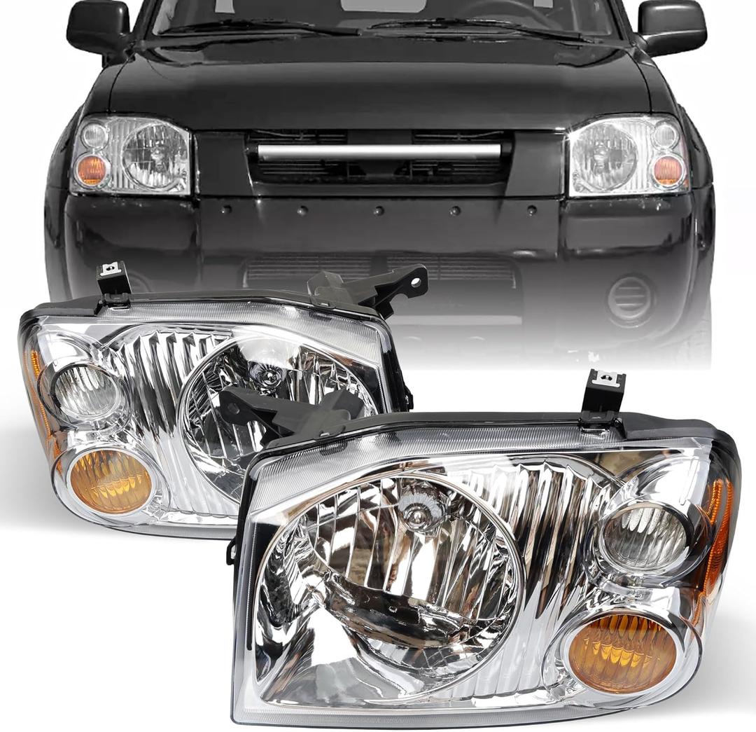 Headlights Assembly - Chrome Housing Headlamps Fit for Nissan Frontier 2001-2004 - Replacement for 260608Z325, 260108Z325, NI2502130, and NI2503130 (w/o Bulbs and Wire Harness)