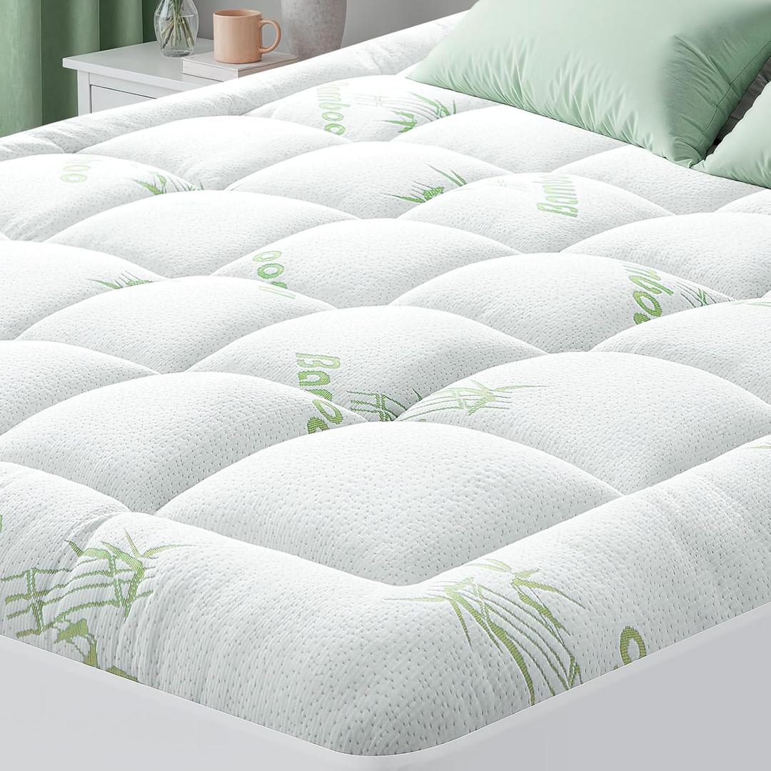 HYLEORY Mattress Topper - Thick Bamboo-Viscose Naturally Cooling Pillow Top Mattress Pad Breathable Fluffy Soft Mattress pad for Back Pain Relief, Queen Size, Green