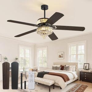 60 Inch Fandelier Ceiling Fan with Double-layer LED Light, Black Chandelier Fan, 3CCT, 6-Speeds, Quiet DC Motor, Ceiling Fan Chandeliers, Modern Ceiling Fans for Bedroom, Living Room (Black & Wood Grain)