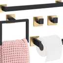 Gisafai 5 Pcs Black Gold Bathroom Hardware Accessories Set 23.6 Inch Bath Towel Bar Kit Stainless Steel Bathroom Hardware Set Towel Racks Ring Robe Hooks Paper Holder for Wall Mounted