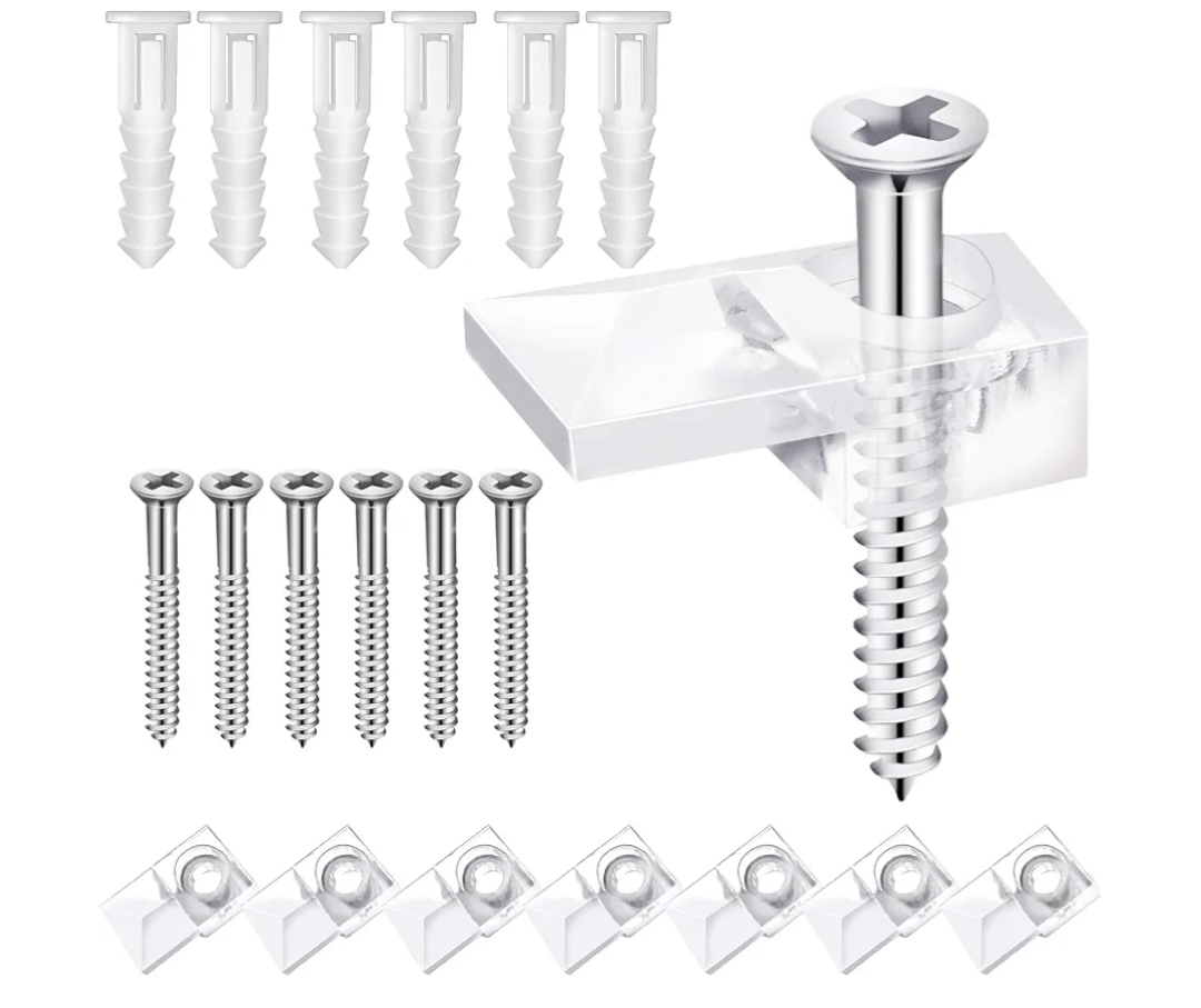 20 Set Mirror Hanging Kit, Clear Plastic Mirror Clips with Screw and Anchor for Wall, Glass Retainer Clips Kit for Fixing Windows Cabinet Door