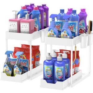 Under Sink Organizers and Storage Bathroom 2Pack, 2 Tier Kicthen Cabinet Basket Organizer, with Hooks, Hanging Cup, Dividers, Handles, Multi-purpose Under Sink Shelf Organizer, White