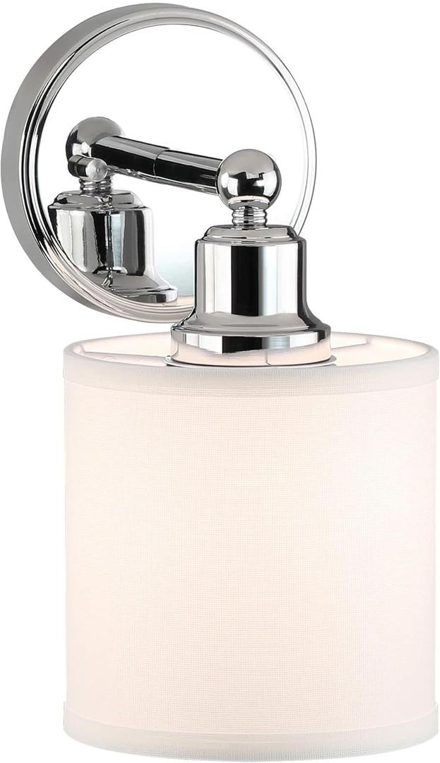 XiNBEi Lighting Wall Light 1 Light Wall Sconce with Drum Fabric Shade in Chrome, Modern Bathroom Vanity Light for Bathroom Bedroom & Living Room XB-W1214-1-CH