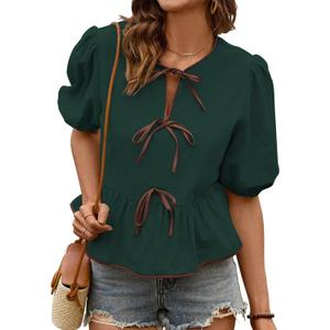 Falechay Womens Summer Tops Bowknot Puff Short Sleeve Blouses Dressy Casual Cute Babydoll Flowy Peplum Shirt for Women (Green, XL)