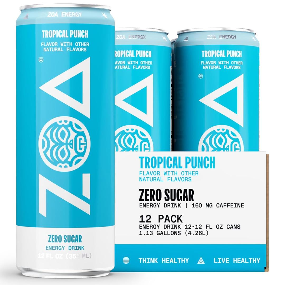 ZOA Zero Sugar Energy Drinks - Tropical Punch | Healthy Energy Formula with Natural Caffeine, Daily Vitamin C, Essential B-Vitamins | Gluten-Free, Keto Friendly | 12 Ounce Cans (Pack Of 12)(BBD: 05/28/26)