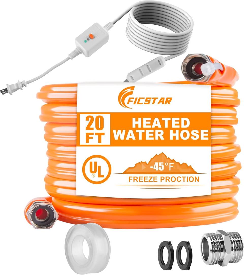 20FT Heated Water Hose for RV, Heated Drinking Water Hose Antifreeze to -45F, Water Heater Thermostat with Self-regulating Function, 5/8" I.D. with 3/4" GHT Adapter, Lead and BPA Free,No Odor