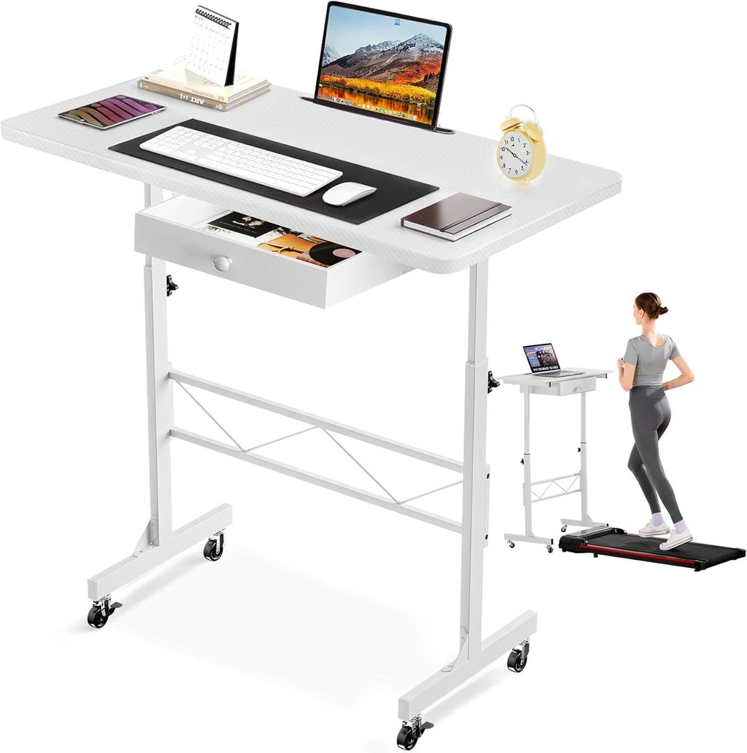 GTPLAYER Small Standing Desk Adjustable Height Small Computer Desk Mobile Portable Rolling Laptop Table with Wheels 32" Computer Workstation Sit Stand Desks Portable Standing Table Treadmill desks (Cf-white)