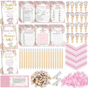 Sherr 476 Pcs Elephant Themed Baby Shower Games 6 Sets Activities Card Pacifier Hunt Game 50 Pacifier How Big Is Mommy's Belly Sign 50 Guessing Card 2 Measuring Tape Don't Say Baby Sign 50 Clothespin (Pink)