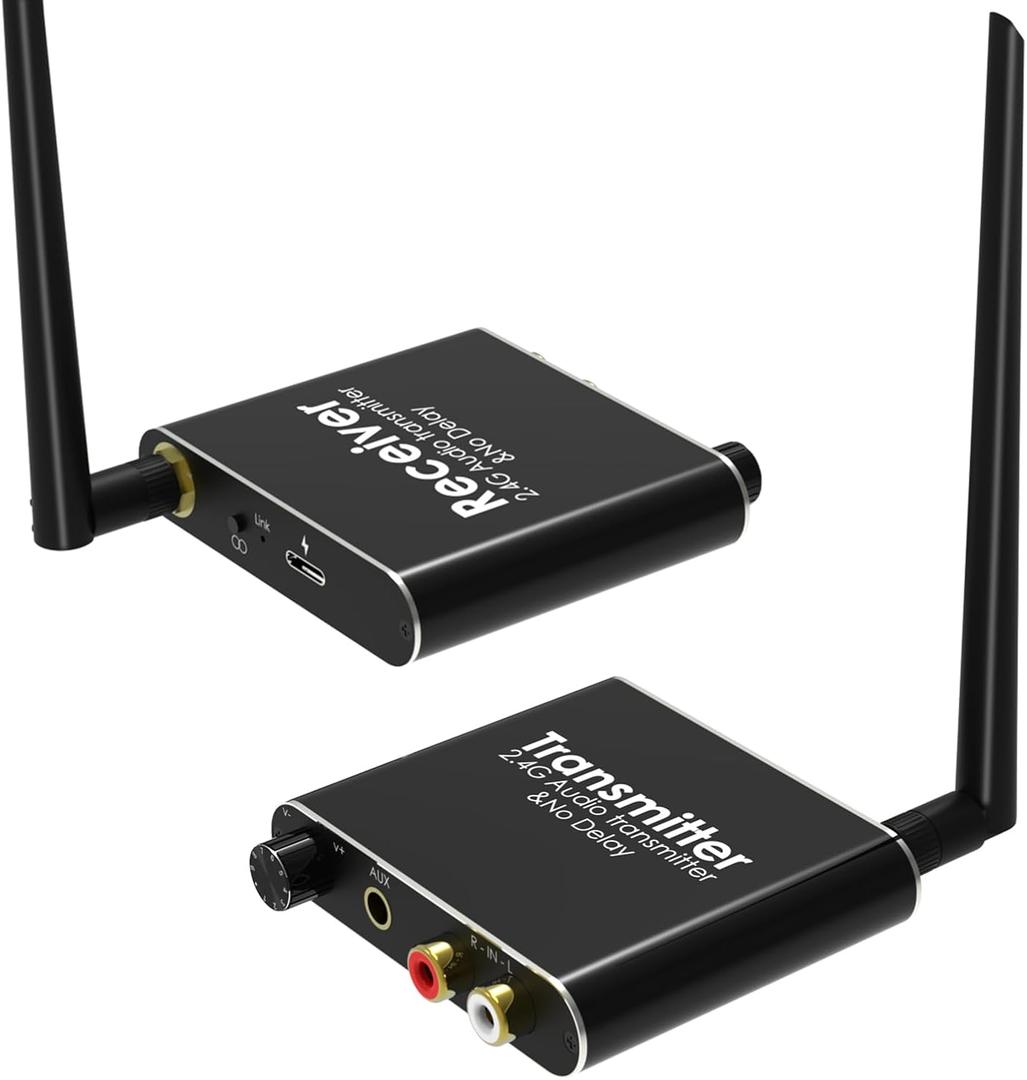 Tendak 2.4Ghz Wireless Audio Transmitter Receiver, 160 ft Long Range Low Latency Wireless Audio Adapter with Volume Control for Subwoofer/Powered Speaker/Soundbar, RCA or 3.5mm Jack Input/Output