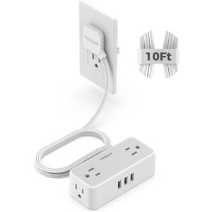 Ultra Thin Flat Plug Extension Cord 10 ft, TESSAN Surge Protector Power Strip with 4 Widely Space AC Outlets 3 USB Charging Ports, 900 Joules Protection for Home Office School Dorm Room (Gray)