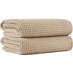 New Microfiber Waffle Bath Towels, 2 Pieces, Oversized, Soft, Absorbent, Fast Drying, Lint Free 430 GSM (Beige)