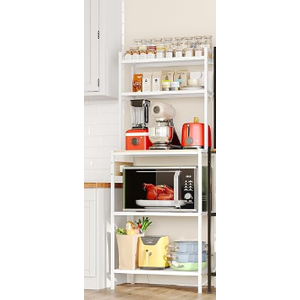 S1 Kitchen Bakers Rack with Power Outlet, Microwave Stand with Storage 5-Tiers, Freestanding Coffee Bar Table with 4 Hooks, Kitchen Storage Shelf 13" D x 22.9" W x 58.3" H, Rustic Brown