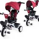 JMMD 7 in 1 Tricycle Stroller with Push Handle, Baby Trike with 360 Swivel Seat, Reclining Backrest, All-Terrain Wheels, Dual Brakes, Canopy & Storage, Gift for Kids 18 Months to 5 Years, Red