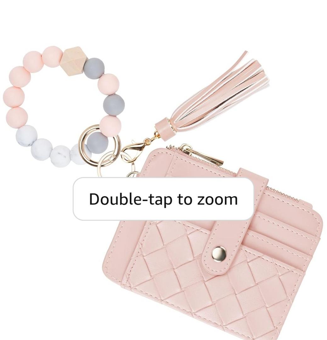 Keychain Wallet with Bracelet RFID Blocking Wristlet Credit Purse Card Holder, Silicone Bead Tassel Key Ring for Women