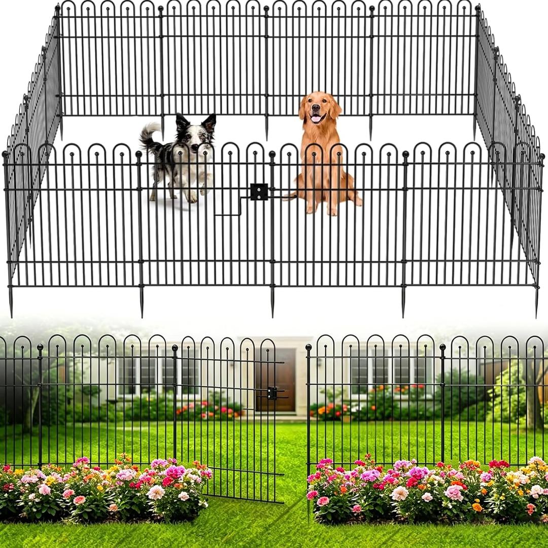 Garden Fence Animal Barrier with Gate, 10 Panels No Dig Dog Fence Outdoor | 32 in (H) x23.6ft (L) Rustproof Metal Outdoor for Yard, Patio