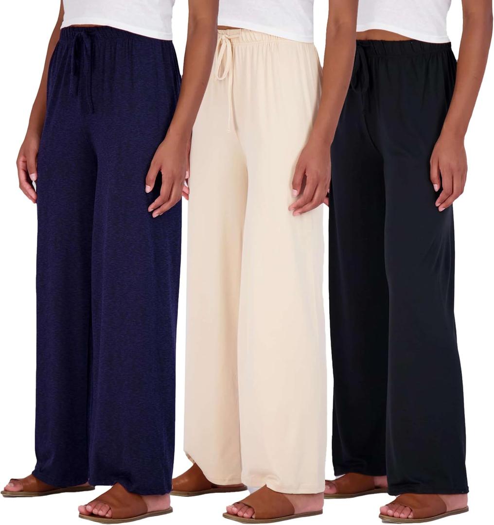 Real Essentials 3 Pack Soft Palazzo Pajama Pants for Women, Wide Leg Comfortable Casual Lounge Yoga Bottoms (Plus Size) (Small, Set 5)