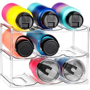 LARGER Compartment - Stackable Water Bottle Organizer Holder - for Stanley & Others' Large Tumbler - Clear Wine Rack, Cup Bottle Holder for Cabinet Home Countertop Fridge Pantry Shelf, 3 Tier Hold 9