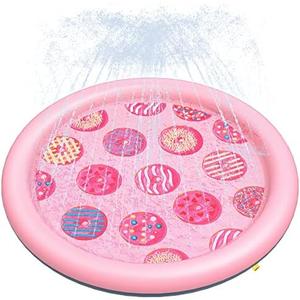Peteast Anti-Slip Pink Donut Print Splash Pad for Kids and Dogs 0.58 mm Thicken Sprinkler Dog Pool for Summer Outdoor Water Toys - Fun Backyard Play Mat for Children and Pets (Pink 67in)