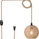 15ft Plug in Pendant Light with Cord Dimmable Switch Rattan Hanging Lamp with Hand Woven Wicker Plug in Chandelier Boho Hanging Lights Fixture for Bedroom Kitchen Hallway Foyer