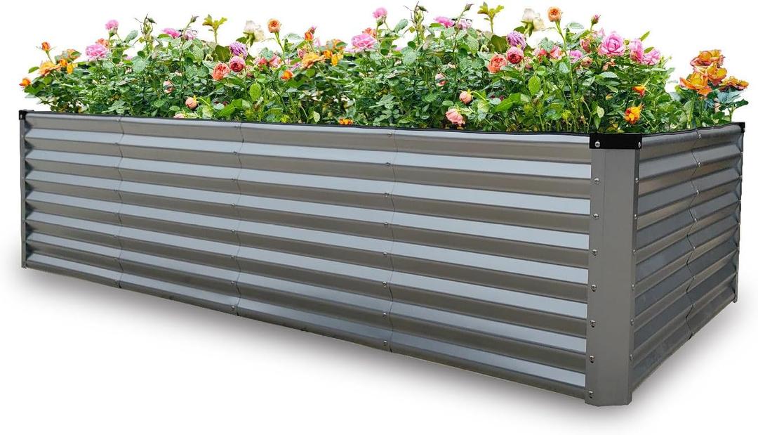 GARDMAX 8x4x2FT Galvanized Raised Garden Bed Kit, Metal Planter Boxes Outdoor with Easy Assembly, Large Garden Bed for Vegetables, Fruits, Flower, Herbs Rectangle Silver (Medium)