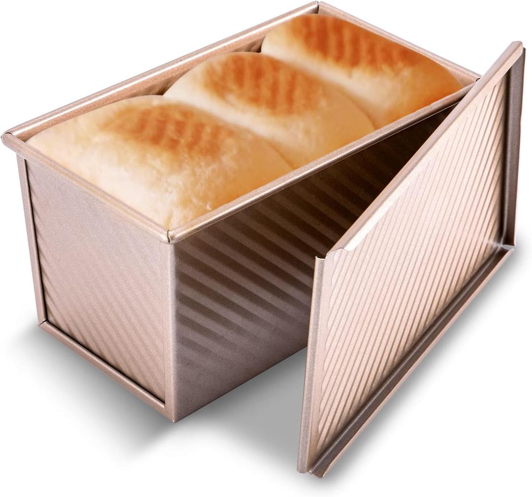 KITESSENSU Pullman Loaf Pan with Lid, 1 lb Dough Capacity Non-Stick Bakeware for Baking Bread, Carbon Steel Corrugated Bread Toast Box Mold with Cover for Baking Bread, Gold (Single Pack)