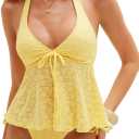 ZAFUL Tankini Swimsuits for Women V Neck Textured Knot Tie Ruffle Trim Bikini Swimsuit Tie Side 2 Pieces Bathing Suit (Yellow, M)