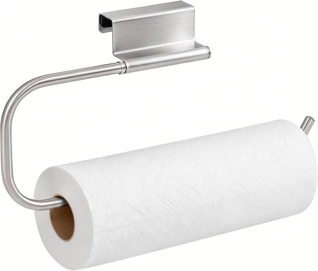 Over Cabinet Door Paper Towel Holder for Kitchen Cabinet Brushed Stainless Steel, Under Sink No Drilling Roll Dispenser for RV