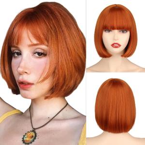 WERD Short Orange Bob Wig with bangs for Women,Ginger Orange Bob WIig with Bangs, Straight Natural Synthetic Wig for Halloween Cosplay Party Use