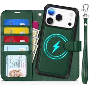 TUCCH Compatible with iPhone 17 Pro (6.3") Detachable Wallet Case with 4 Card Holder, Wireless Charging PU Leather Flip Folio with RFID Blocking Stand Wrist Strap Shockproof Phone Cover, Evergreen