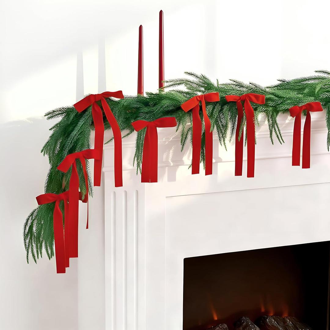 6 ft Christmas Cedar Garland with 12 Velvet Bows Faux Realistic Green Cedar Garland Winter Pine Decoration for Mantle Fireplace Staircase Wall Table Indoor Outdoor