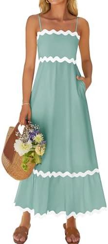 ZESICA Women's 2025 Summer Spaghetti Straps Sleeveless Backless Sundress Flowy Smocked Lace Swing A Line Midi Dress Size S