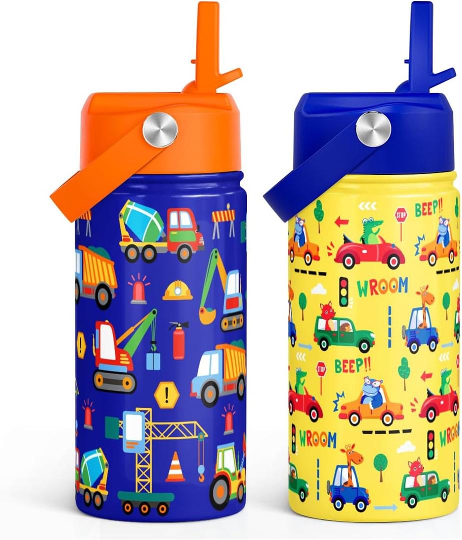 SANDJEST Kid Water Bottle 12oz with Straw Lid - 2-Pack Insulated Stainless Steel Water Bottles for Kids Boys Girls - Travel Cup for School Sports, Construction & Transportation