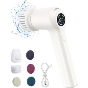 AIRSEE Electric Spin Scrubber, Cordless Power Rotating Brush, 2 Speeds, 6 Replaceable Brush Heads, Handheld Shower Bathroom Scrubber for Cleaning Floors, Windows, Bathtubs, Tiles, Sink, Car (White)