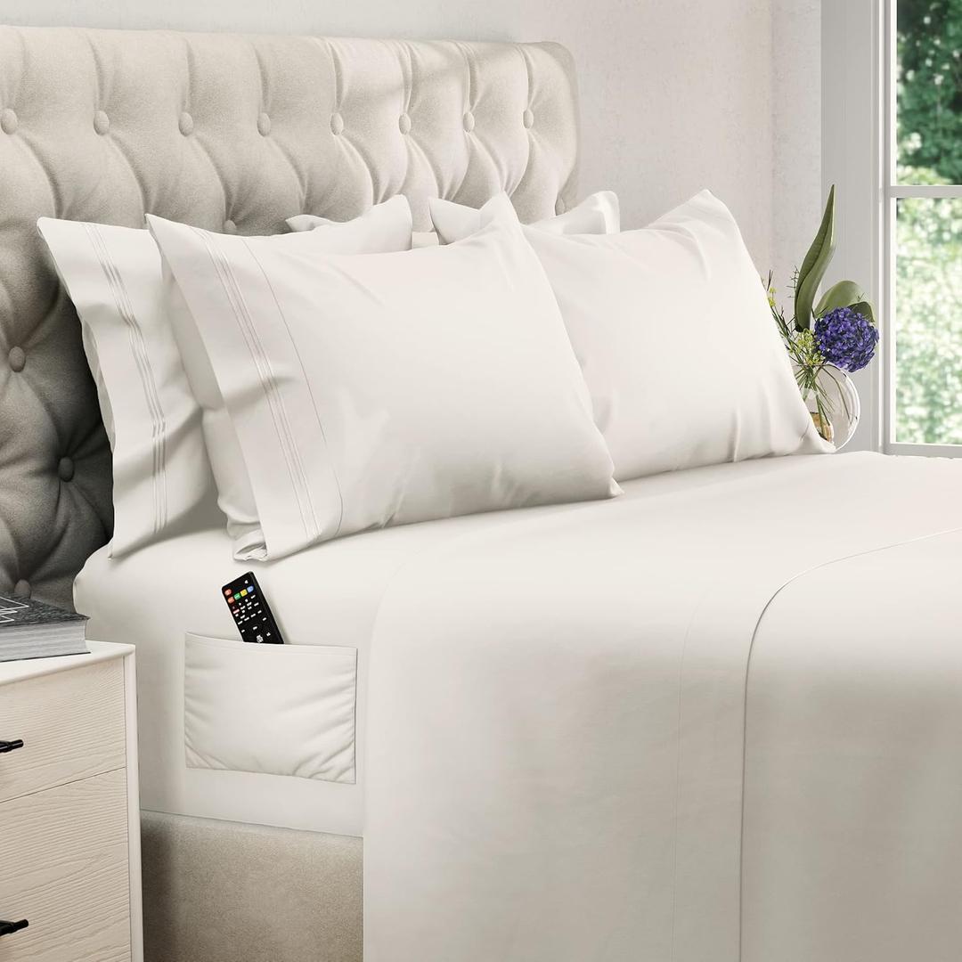 DREAMCARE King Size Sheets Set - 6 pcs Breathable Cooling Bed Sheets - up to 21" Extra Deep Pocket King Sheet Set with Side Pockets - Extra Soft 100% Brushed Hypoallergenic Hotel Luxury Bedding- Ivory
