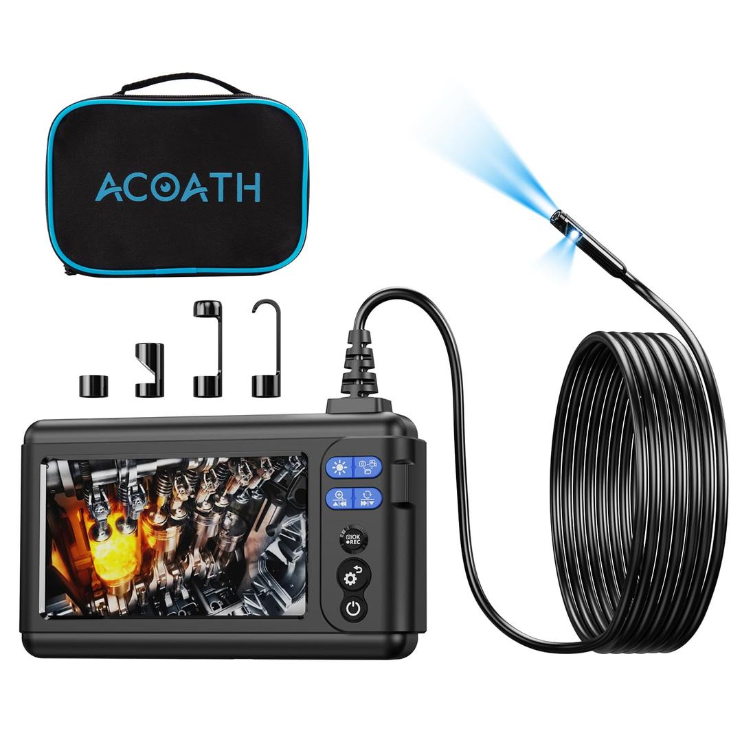 Borescope Endoscope Camera with Light, Dual-Lens 1080P HD Industrial Inspection Camera with 8 LED Lights, 9.8Ft Semi-Rigid Snake Cable, 5" IPS Screen, 32GB Card, IP67 Waterproof Sewer Tools