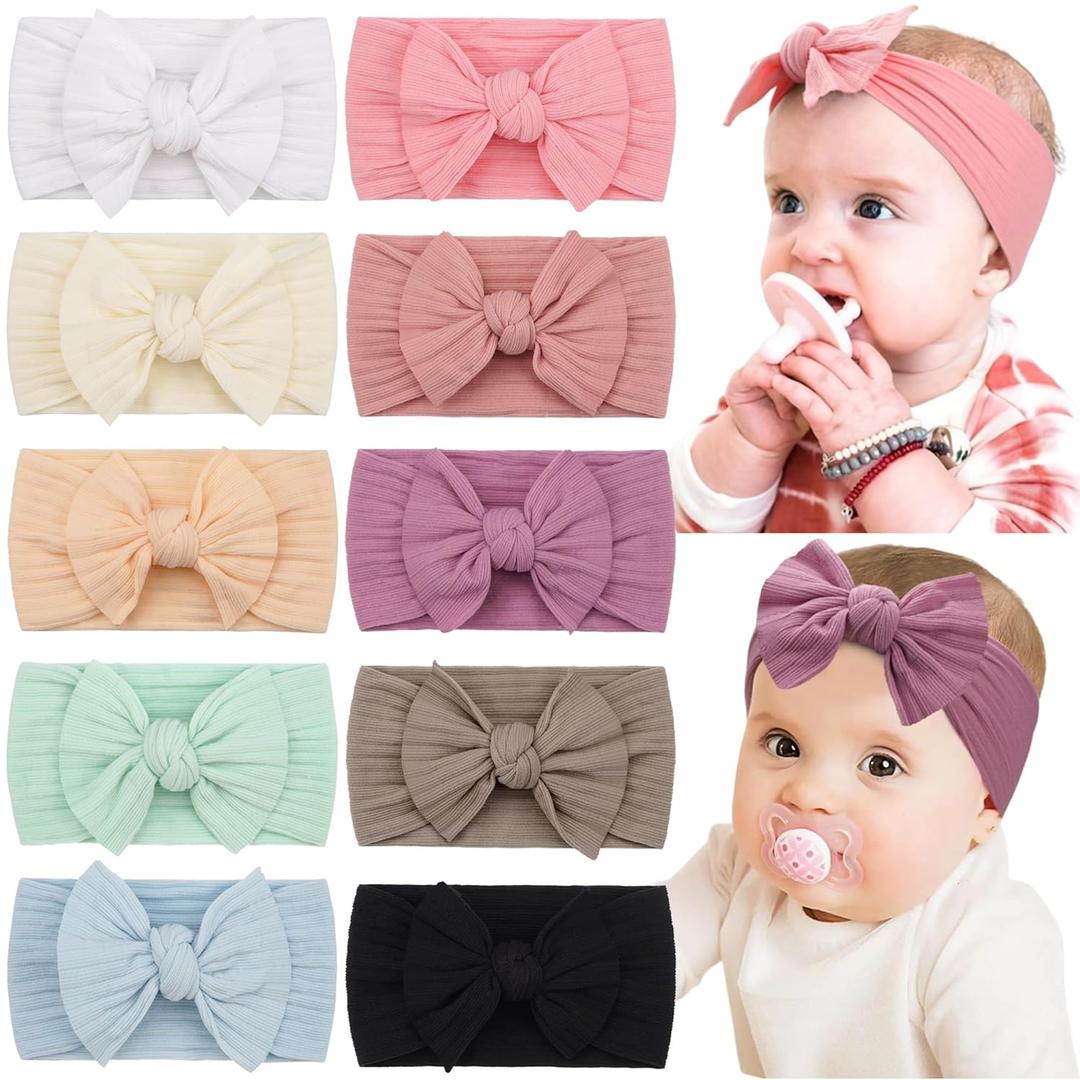 CLLOT 10 Colors Super Stretchy Soft Knot Baby Girl Headbands with Hair Bows Nylon Head Wrap For Newborn Baby Girls Infants Toddlers Kids