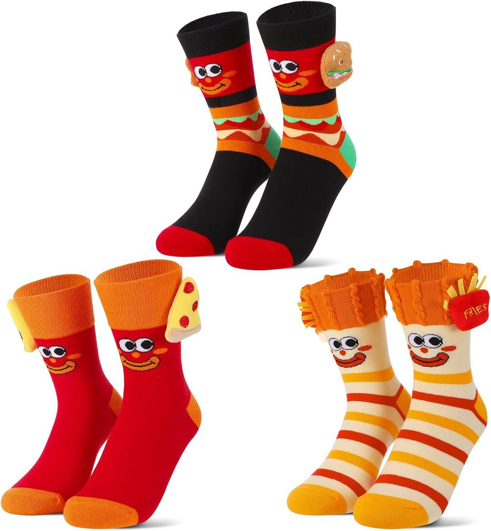 3 Pairs Funny Socks Novelty Food Mid Tube Cotton Sock Include Hamburgers & Pizza & Fries 3D Pattern for Men Women