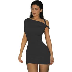 Suillty Women's Sexy Asymmetrical Twist One Shoulder Mini Dress Single Short Sleeve Knot Ruched Bodycon Y2K Party Dresses (Black) X-Small
