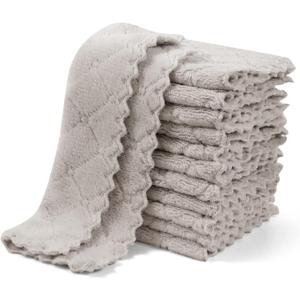 UMANI 12 Pack Kitchen Dish Cloths, Ultra Soft Absorbent Quick Drying Dish Towels, Nonstick Oil Microfiber Cleaning Cloth, Machine Washable Coral Fleece Cleaning Rags (Grey)