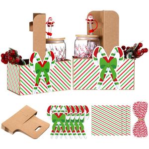 24 Set Christmas Drinks Carrier with Handle 2 Cup Candy Cane Drink Carrier Candy Cane Gift Bags with Greeting Card and Ribbon for Christmas Teacher Coworker Neighbor Thank You Gifts