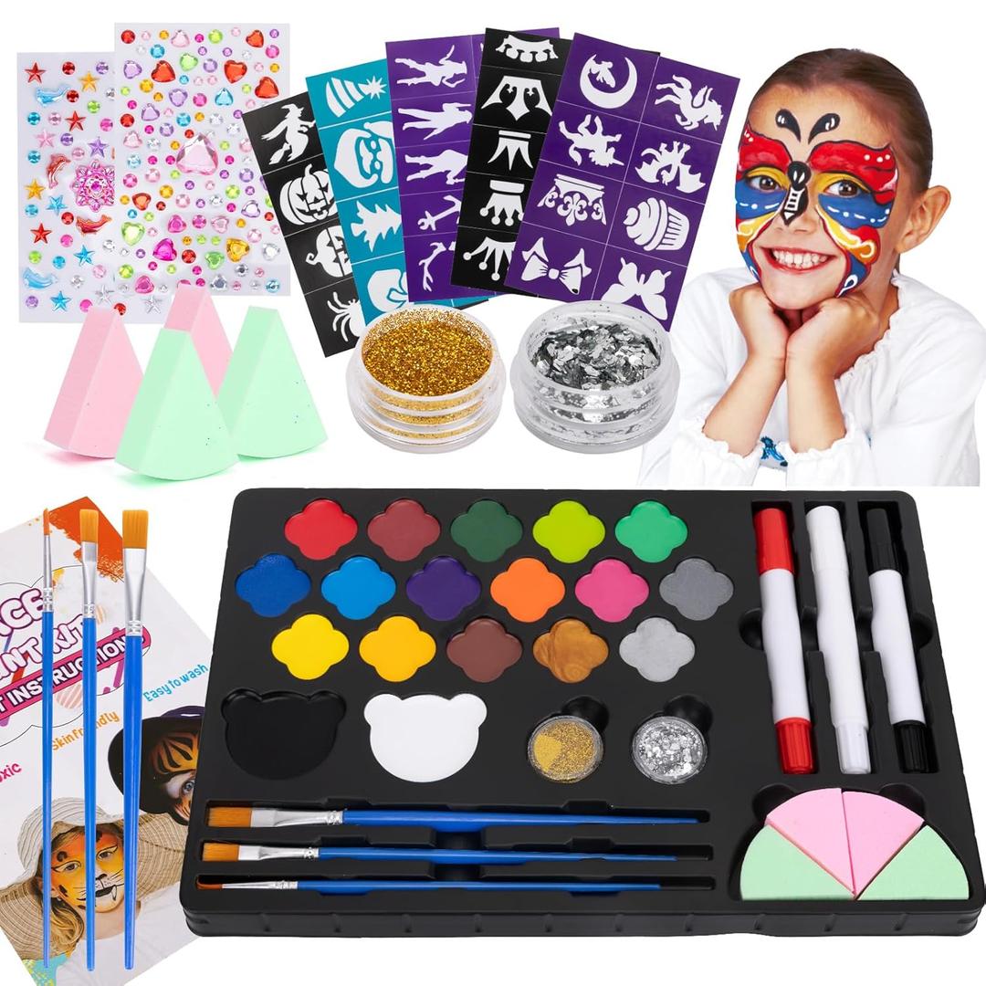 Face Painting Kit for Kids, 18 Colors Face Paint Kit with Stencils Professional, Water Based Non Toxic Facepaint Makeup Kit with Gem Sticker Brushes Crayons for School Carnival, Halloween, Christmas Party