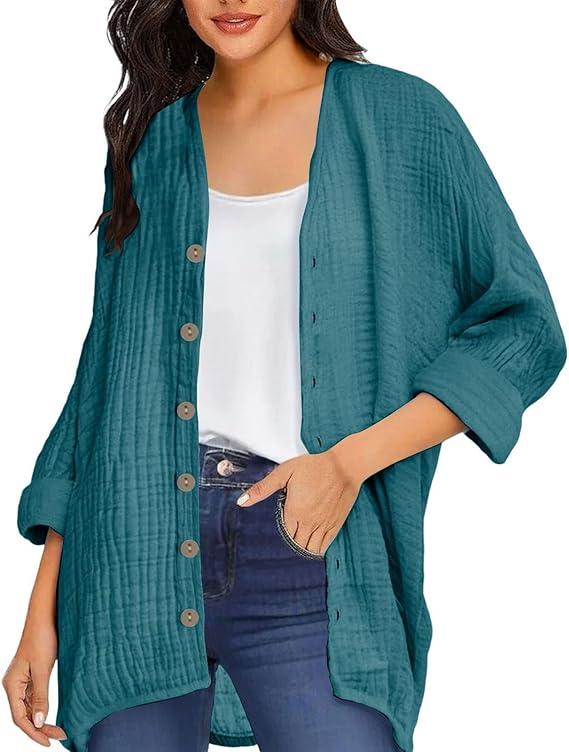 Womens Open Front Cardigan Shirt Soft Cotton Linen 3/4 Sleeve Lightweight Coat Casual Solid Color Button Loose Tops Size S