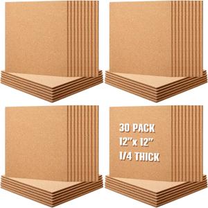 Kosiz 30 Pack Cork Board Square 12" x 12", 1/4" Thick Cork Board Tiles Bulk for Wall Self Adhesive Bulletin Corkboards Tiles Sheet for Wall School Office Home Decoration