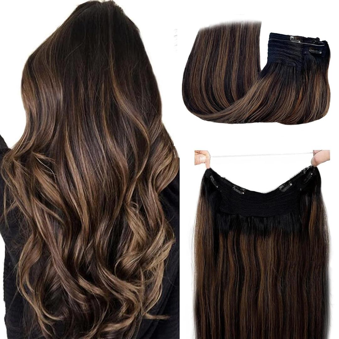 20Inch 100g Human Hair Halos Extensions Ombre Black to Chestnut Brown Balayage Halos Hair Extensions Real Human HairBlack with Brown Halos Hair Extensions Invisible Silk Straight Human Hair Extensions (#1BT6P1B)
